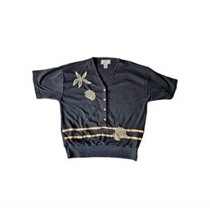 Vintage 90s Coastal Grannycore Short Sleeve Embroidered Cardigan Nautical Medium